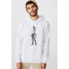 Qivi Anime Attack On Titan Baskılı Beyaz Erkek Örme Kapşonlu Sweatshirt Uzun Kol