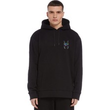 Qivi Dj Kedi Gözlük Kulaklık Göğüs Baskılı Siyah Erkek Örme Kapşonlu Sweatshirt Uzun Kol