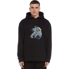 Qivi Astronot Dünyadan Uzaya Yolculuk Baskılı Siyah Erkek Örme Kapşonlu Sweatshirt Uzun Kol