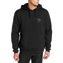 Qivi Kara Kedi Baskılı Siyah Erkek Örme Kapşonlu Sweatshirt Uzun Kol