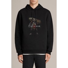 Qivi God Of War Fire Troll Baskılı Siyah Erkek Örme Kapşonlu Sweatshirt Uzun Kol