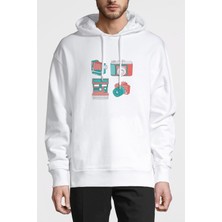 Qivi Nostalji Kamera Fotoğraf Makinesi Baskılı Beyaz Erkek Örme Kapşonlu Sweatshirt Uzun Kol