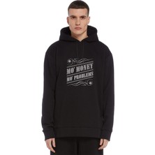 Qivi No Money No Problem Baskılı Siyah Erkek Örme Kapşonlu Sweatshirt Uzun Kol