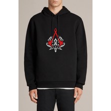 Qivi Assassin's Creed Baskılı Siyah Erkek Örme Kapşonlu Sweatshirt Uzun Kol