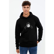 Qivi Totoro Baskılı Siyah Erkek Örme Kapşonlu Sweatshirt Uzun Kol