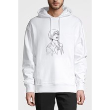 Qivi Anime Attack On Titan Baskılı Beyaz Erkek Örme Kapşonlu Sweatshirt Uzun Kol