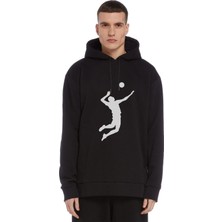 Qivi Silhouette Volleyball Baskılı Siyah Erkek Örme Kapşonlu Sweatshirt Uzun Kol