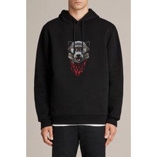 Qivi Bear Wolf Gözlüklü Sevimli Karakter Baskılı Siyah Erkek Örme Kapşonlu Sweatshirt Uzun Kol