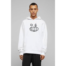 Qivi Smile Icon Baskılı Beyaz Erkek Örme Kapşonlu Sweatshirt Uzun Kol