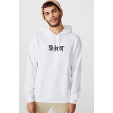 Qivi Slipknot Logo Baskılı Beyaz Erkek Örme Kapşonlu Sweatshirt Uzun Kol
