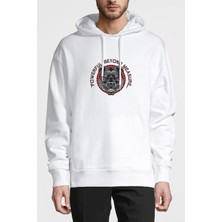 Qivi Pitbull Amblemi Powerful Beyondn Measure Baskılı Beyaz Erkek Örme Kapşonlu Sweatshirt Uzun Kol