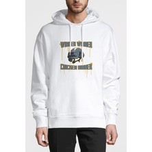 Qivi Pubg Winner 3 Lvl Kask Baskılı Beyaz Erkek Örme Kapşonlu Sweatshirt Uzun Kol