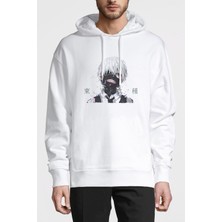 Qivi Anime Tokyo Ghoul Anteiku Baskılı Beyaz Erkek Örme Kapşonlu Sweatshirt Uzun Kol