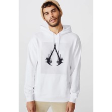 Qivi Assassins Cread Baskılı Beyaz Erkek Örme Kapşonlu Sweatshirt Uzun Kol