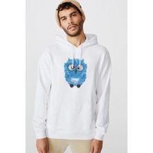 Qivi Mavi Baykuş Resim Baykuş Sevimli Mavi Baskılı Beyaz Erkek Örme Kapşonlu Sweatshirt Uzun Kol