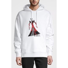 Qivi Shadow Fight Samurai Jack 8 Baskılı Beyaz Erkek Örme Kapşonlu Sweatshirt Uzun Kol