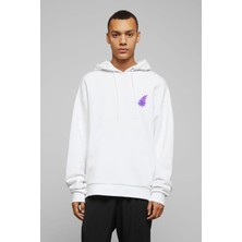 Qivi Mor Çiçekler Illüstrasyon Leylak Suluboya Resim Baskılı Beyaz Erkek Örme Kapşonlu Sweatshirt Uzun Ko
