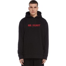 Qivi Mr Robot Baskılı Siyah Erkek Örme Kapşonlu Sweatshirt Uzun Kol