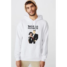 Qivi Samurai Jack Baskılı Beyaz Erkek Örme Kapşonlu Sweatshirt Uzun Kol