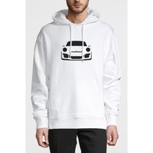 Qivi Porsche Baskılı Beyaz Erkek Örme Kapşonlu Sweatshirt Uzun Kol