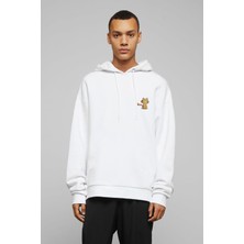 Qivi Cat Kedi Baskılı Beyaz Erkek Örme Kapşonlu Sweatshirt Uzun Kol