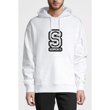 Qivi Riverdale Serpents Logo Baskılı Beyaz Erkek Örme Kapşonlu Sweatshirt Uzun Kol