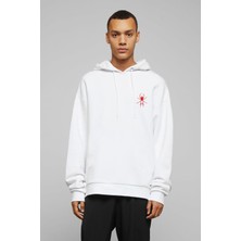 Qivi Red Spider Kırmızı Örümcek Baskılı Beyaz Erkek Örme Kapşonlu Sweatshirt Uzun Kol