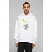 Qivi Fil ve Tavşan Baskılı Beyaz Erkek Örme Kapşonlu Sweatshirt Uzun Kol