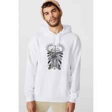 Qivi Savage Logosu Tişört Illüstrasyon Iki Kılıcı Baskılı Beyaz Erkek Örme Kapşonlu Sweatshirt Uzun Kol