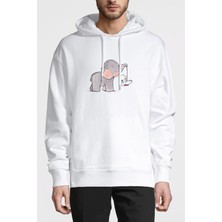 Qivi Sevimli Fil Tavşan Salıncak Baskılı Beyaz Erkek Örme Kapşonlu Sweatshirt Uzun Kol