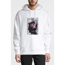 Qivi Fight Club Baskılı Beyaz Erkek Örme Kapşonlu Sweatshirt Uzun Kol