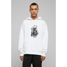 Qivi Astronot Uzay Akvaryum Baskılı Beyaz Erkek Örme Kapşonlu Sweatshirt Uzun Kol