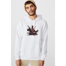 Qivi Deadpool Baskılı Beyaz Erkek Örme Kapşonlu Sweatshirt Uzun Kol