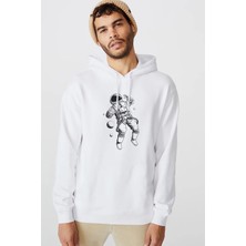 Qivi Astronot Uzay Boşluğu Baskılı Beyaz Erkek Örme Kapşonlu Sweatshirt Uzun Kol
