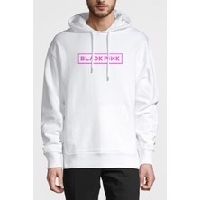 Qivi Blackpink Baskılı Beyaz Erkek Örme Kapşonlu Sweatshirt Uzun Kol