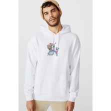 Qivi Çiçekçi ile Mamachari Bisiklet Suluboya Resim Baskılı Beyaz Erkek Örme Kapşonlu Sweatshirt Uzun Kol