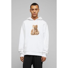 Qivi Peluş Ayı Bear Baskılı Beyaz Erkek Örme Kapşonlu Sweatshirt Uzun Kol