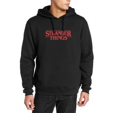 Qivi Stranger Things Logo Baskılı Siyah Erkek Örme Kapşonlu Sweatshirt Uzun Kol
