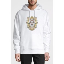 Qivi Lion Floral Baskılı Beyaz Erkek Örme Kapşonlu Sweatshirt Uzun Kol