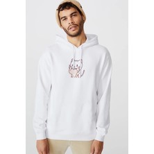 Qivi Kawaii Cat Kedi Baskılı Beyaz Erkek Örme Kapşonlu Sweatshirt Uzun Kol