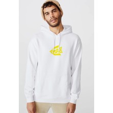 Qivi Peace Sarı Baskılı Beyaz Erkek Örme Kapşonlu Sweatshirt Uzun Kol