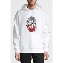 Qivi Stranger Things Looking For The Upside Baskılı Beyaz Erkek Örme Kapşonlu Sweatshirt Uzun Kol
