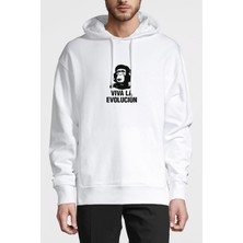 Qivi Viva La Evolution Baskılı Beyaz Erkek Örme Kapşonlu Sweatshirt Uzun Kol