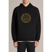 Qivi Viking Compass Logo Baskılı Siyah Erkek Örme Kapşonlu Sweatshirt Uzun Kol