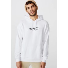 Qivi Mustafa Kemal Atatürk Imza Baskılı Beyaz Erkek Örme Kapşonlu Sweatshirt Uzun Kol