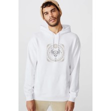 Qivi Burç Boğa Taurus Baskılı Beyaz Erkek Örme Kapşonlu Sweatshirt Uzun Kol