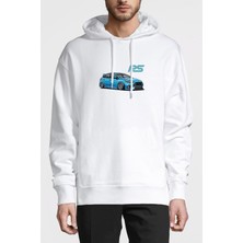 Qivi Ford Focus Rs Baskılı Beyaz Erkek Örme Kapşonlu Sweatshirt Uzun Kol