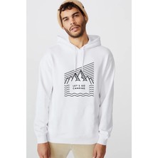 Qivi Lets Go Camping Dağ Baskılı Beyaz Erkek Örme Kapşonlu Sweatshirt Uzun Kol