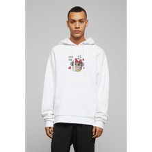 Qivi Gri Baykuş Müzik Dinleme Illüstrasyon Baykuş Baskılı Beyaz Erkek Örme Kapşonlu Sweatshirt Uzun Kol