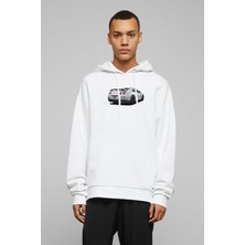 Qivi Nissan Gt R Arka Baskılı Beyaz Erkek Örme Kapşonlu Sweatshirt Uzun Kol